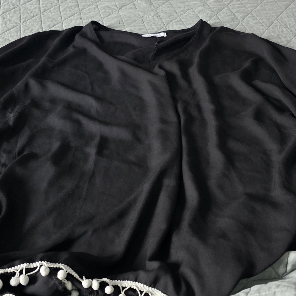 Black Poncho with Pom Pom Trim